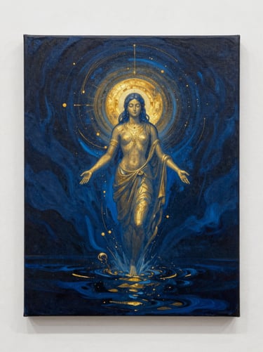 Front-facing capture of a painting representing a celestial deity rising from dark waters, deep blues and glowing gold accents, detailed canvas texture
