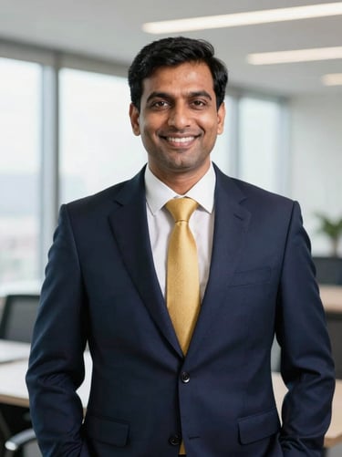 Professional environmental portrait of lead consultant Mukesh Kumar in a bright modern office, navy suit, gold tie accent, warm confident smile, 35mm