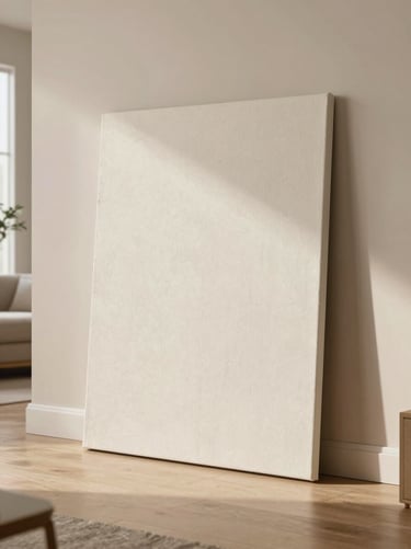 A wide, clean shot of a textured canvas resting against a soft beige wall in a bright, modern North American apartment. The art is the focus, appearing professional and sophisticated under warm light.