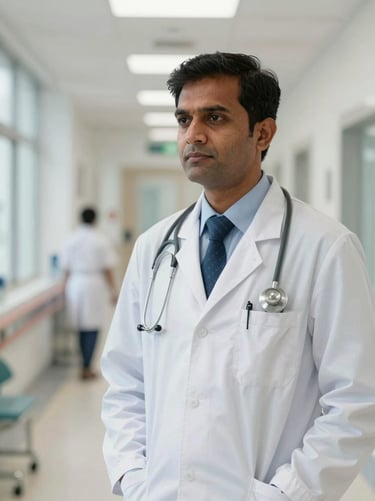 A focused Indian doctor in a clean, bright German university hospital corridor, daylight, professional clinical setting.