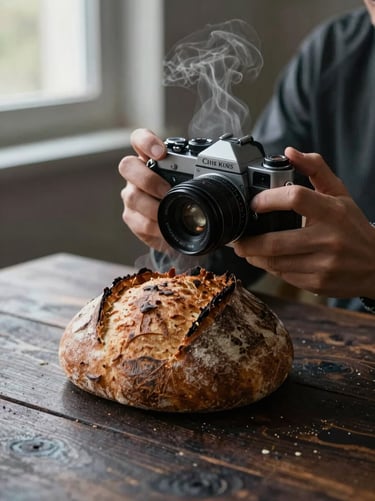 Hands holding a vintage camera over a steaming rustic sourdough bread on a dark wooden table, natural side light from a window, moody atmosphere.