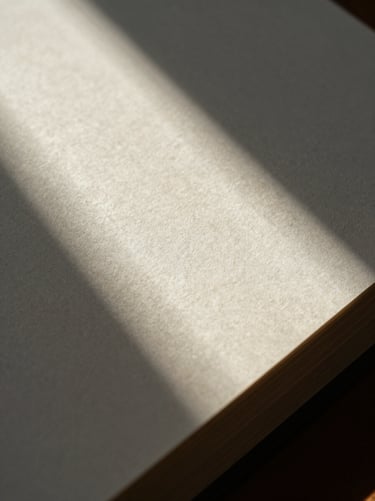 Macro shot of textured book paper, natural harsh sunlight casting sharp shadows across the grain of the page