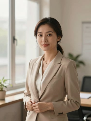 Soft environmental portrait of a warm, professional female insurance advisor in a calm office with natural window light