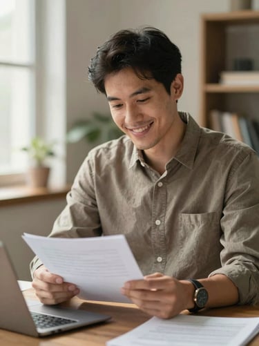 Soft environmental portrait of a smiling male insurance advisor reviewing documents in a warm, naturally lit workspace