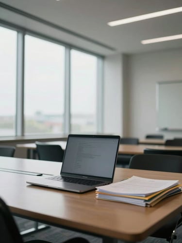 Wide environmental shot of an empty conference room interior, a closed laptop and stacked folders on the table, diffused north-facing daylight through floor-to-ceiling windows, architectural geometry of the room visible in the background, no people