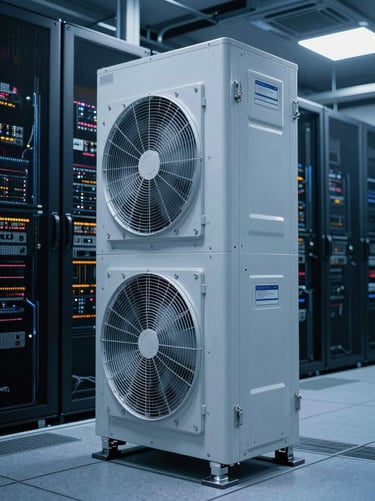 High-contrast commercial HVAC machinery inside a modern data center, rows of server racks under cool-toned ambient blue light, sharp technical details, 35mm.