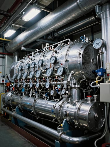 Industrial photography of a marine vessel engine room, high-contrast cool steel tones, massive cooling pipes with digital manifold gauges, dramatic work lights, 35mm.