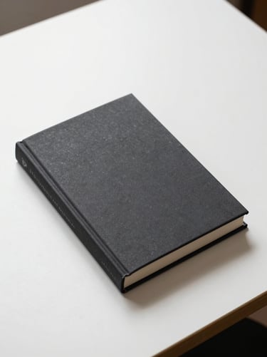 Overhead flat-lay of a closed hardcover non-fiction book on a clean white desk, crisp studio light, no title visible