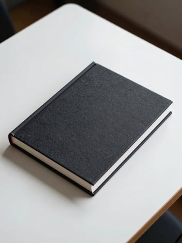 Overhead flat-lay of a closed hardcover non-fiction book on a clean white desk, crisp studio light, no title visible