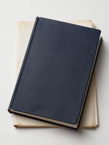 Top-down view of a closed book resting on stacked manuscript pages, studio light, clean white background, no text visible on cover