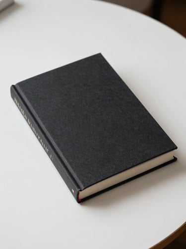 Overhead flat-lay of a closed hardcover non-fiction book on a clean white desk, crisp studio light, no title visible