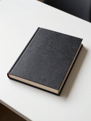 Overhead flat-lay of a closed hardcover non-fiction book on a clean white desk, crisp studio light, no title visible