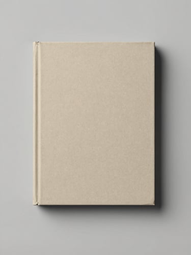 Overhead flat-lay of a closed softcover book on a pale grey surface, studio tungsten light, neutral tones, no text visible