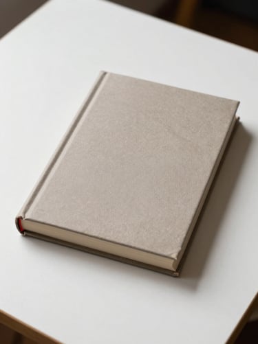 Overhead flat-lay of a closed hardcover non-fiction book on a clean white desk, crisp studio light, no title visible