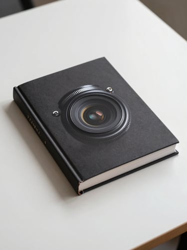 Overhead flat-lay of a closed hardcover non-fiction book on a clean white desk, crisp studio light, no title visible