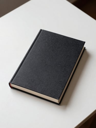 Overhead flat-lay of a closed hardcover non-fiction book on a clean white desk, crisp studio light, no title visible