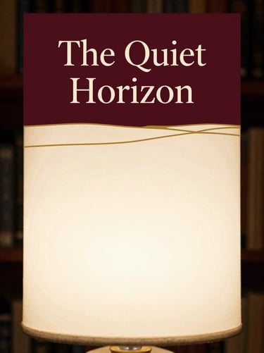 A minimalist book cover design for 'The Quiet Horizon' featuring a simple gold line drawing of a horizon, deep burgundy background, elegant serif typography