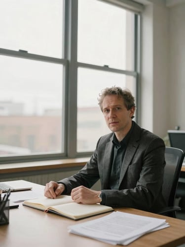 Wide environmental shot, author seated at a desk near a tall window, natural north-facing light, open notebook and manuscript pages visible, head turned slightly toward camera in a professional speaking posture, charcoal and cream tones