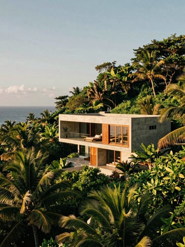 Modern tropical concrete and teak villa nestled into a lush green hillside, overlooking ocean horizon, soft midday light, medium format film style.