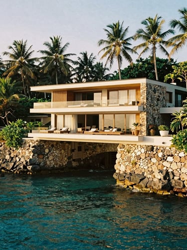 Contemporary cliffside residence with dramatic cantilevered decks over turquoise water, surrounded by local stone walls, medium format film style.