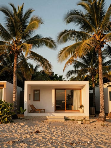 Minimalist coastal house with direct private beach access, surrounded by coconut palms, warm golden hour sun, medium format film style.