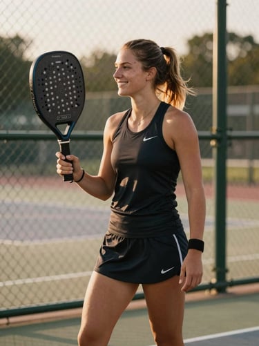A smiling female player in athletic wear standing court-side, holding a paddle against a chain-link fence, natural golden hour light.