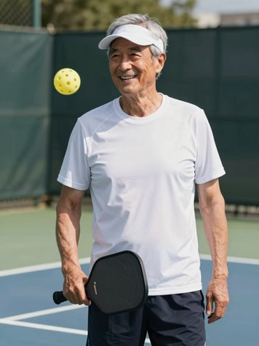 An active older male retiree in athletic gear smiling on the outdoor courts, holding a pickleball, bright natural daylight.
