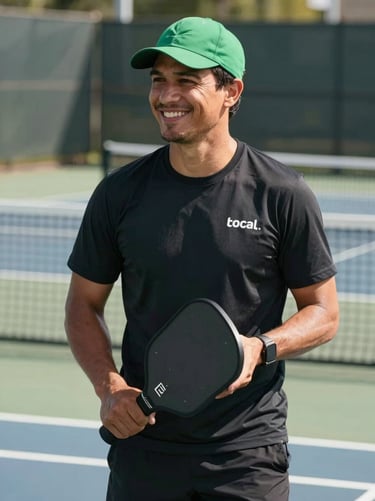 A friendly local organizer in a green athletic cap smiling on an outdoor pickleball court, bright natural daylight, mid shot.