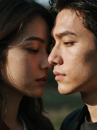 Intimate close-up portrait of a couple under warm natural side-light, rich contrast, deep shadows