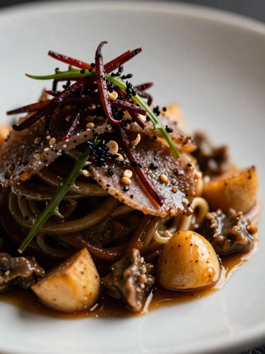 Dramatic side-lit macro shot of a gourmet dish, rich textures, vivid colors of fresh ingredients