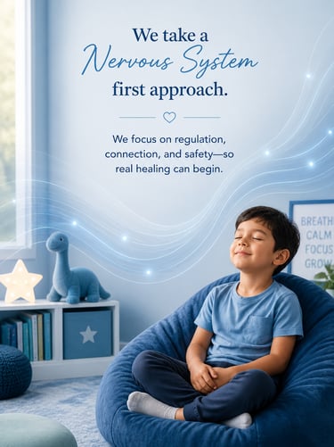 Calm child sitting peacefully in blue room with soft waves representing nervous system regulation