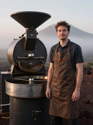 Portrait of a professional coffee roaster standing next to a commercial roasting drum, wearing an apron, warm industrial lighting.
