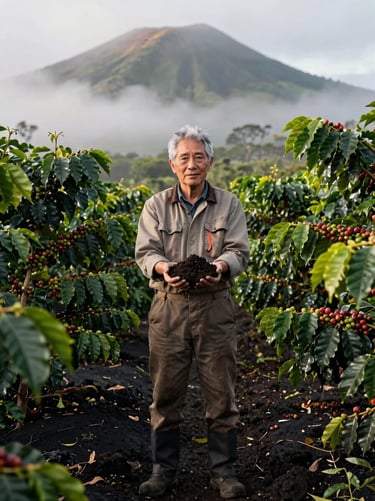 Portrait of a senior Kona coffee agronomist standing in the orchard, holding volcanic soil, wearing work clothes, natural morning light.