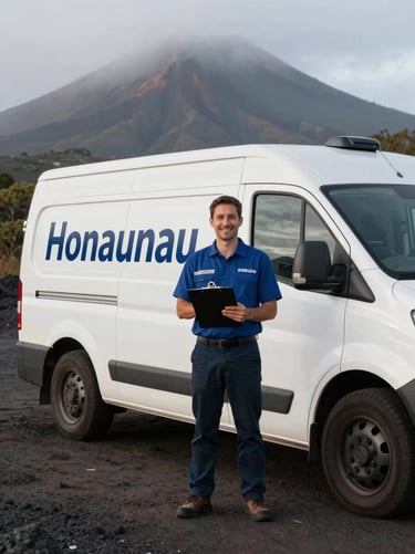 Portrait of a logistics coordinator standing next to a branded Honaunau delivery vehicle, holding a clipboard, professional smile.