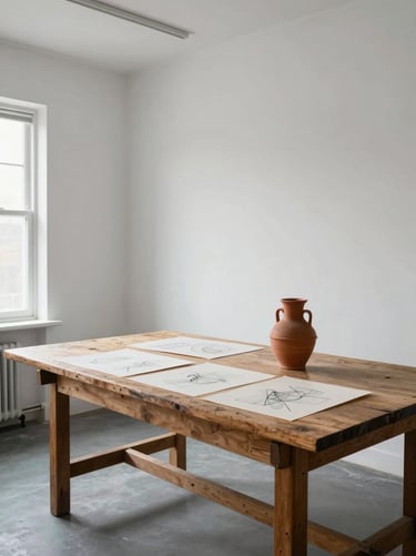 A wide, quiet shot of a sunlit Mount Vernon art studio, featuring clean white walls, a large wooden work table with sketches, and a single terracotta vase.