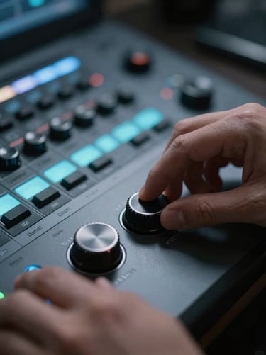 Macro shot of a professional color-grading control surface under dim blue monitor glow, hands adjusting a physical dial, shallow depth of field, high-contrast shadows.