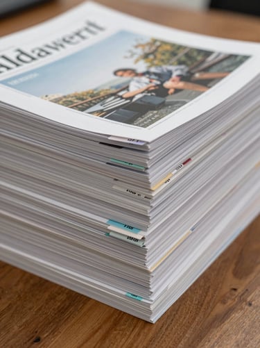 Stack of printed academic journal issues on a wooden desk surface, spines visible showing volume numbers, diffuse overhead light, no people, close framing to show paper texture and index tabs