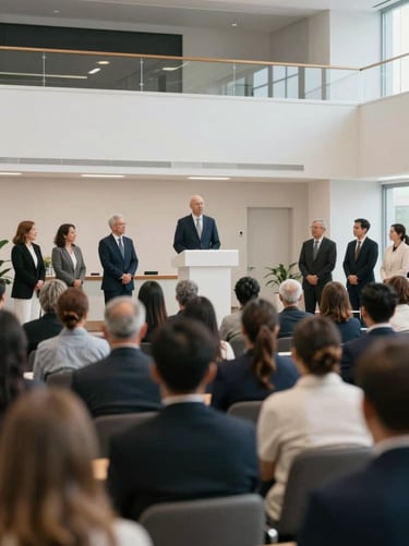 An elegant, documentary-style shot of a ministry event in a modern, light-filled hall. The composition uses clean lines and #F5F2EC tones to convey a sense of professionalism and community. High-quality videography frame.