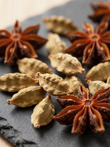 Close-up of dried whole cardamom pods and star anise scattered on a dark slate surface, warm directional light catching the textured pods.