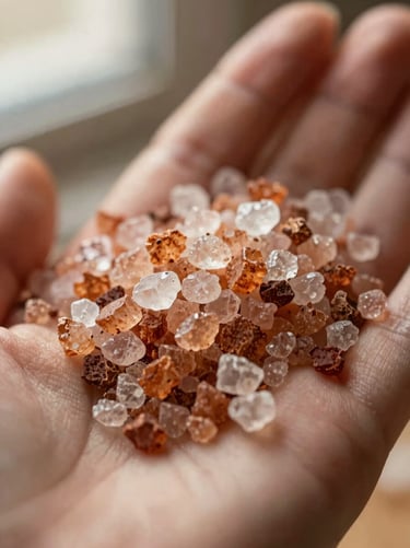 Macro shot of coarse smoked sea salt crystals being held in a hand, warm side-light highlighting the translucent textures, shallow depth of field.