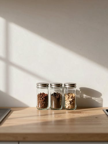 Minimalist kitchen counter showing three glass spice jars stacked perfectly, soft afternoon light casting elegant linear shadows across a white plaster wall.