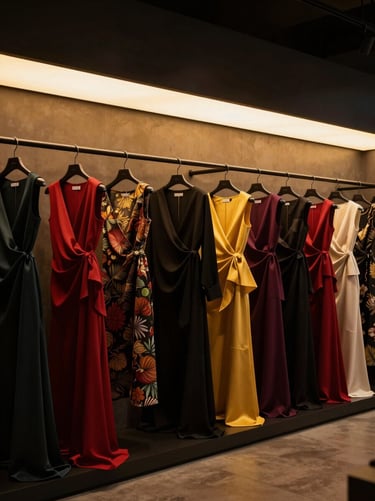 Atmospheric shot of the MerkaGuinea showroom in Malabo, modern minimalist racks with colorful structured dresses, warm golden accent lights