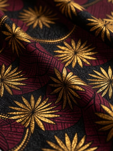 Tight macro shot of premium African wax print fabric, gold and deep wine-red patterns, dramatic studio lighting, rich textures