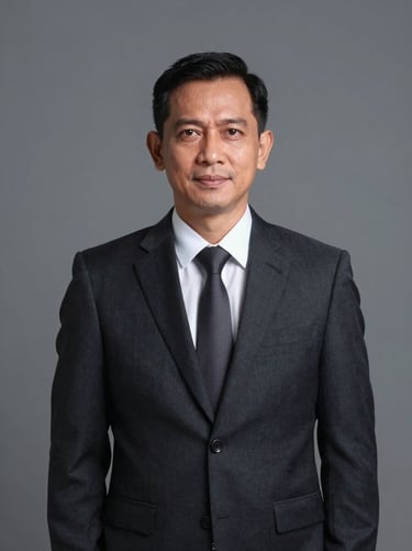 A formal portrait of an Indonesian male executive in a dark business suit, professional studio lighting, clean solid background, authoritative and confident posture