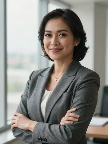 A professional portrait of an Indonesian female corporate leader, business attire, bright natural window lighting, confident and warm expression