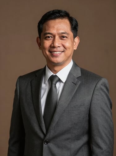 A formal portrait of an Indonesian male business director, smart professional attire, soft warm studio lighting, friendly and trustworthy smile