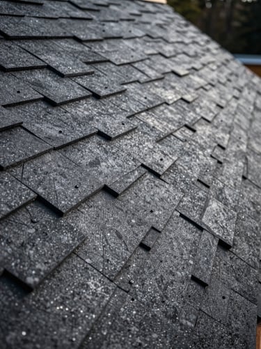 Close-up angled shot of fresh charcoal shingle installation on a steep Alabama roof pitch, daylight illuminating fastener lines and overlapping courses, no workers visible, material texture sharp and detailed