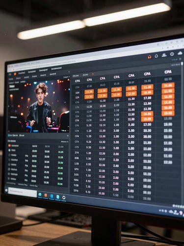 Tight crop on a monitor screen showing a live campaign performance dashboard with CPA columns, conversion rows and orange accent highlights on key metrics, overhead office lighting, no faces, no branding visible
