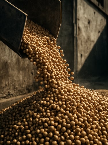 Gritty industrial photography of raw soybeans pouring from a metal chute, harsh natural sunlight, high-contrast desaturated earth tones.