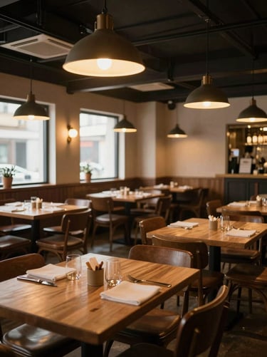 Eye-level wide shot of an empty restaurant dining room, warm ambient pendant lighting over tables set for service, no guests or staff, natural light from side windows supplementing the warm overhead glow, honest and undecorated atmosphere